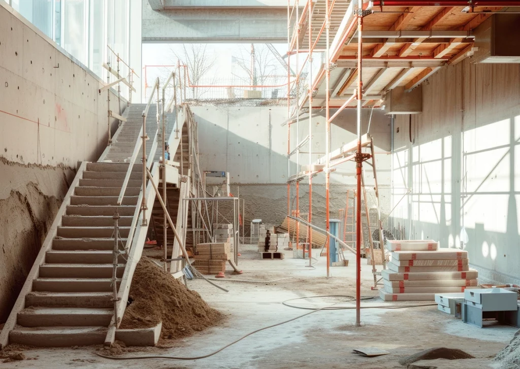 Eine große Baustelle eines modernen Gebäudes mit einer breiten Betontreppe, die auf eine höhere Ebene führt. Links und rechts der Treppe sind provisorische Geländer angebracht. Mehrere Gerüste mit roten Metallstangen und Holzplanken stehen an den Wänden, um Bauarbeiten an der Decke zu ermöglichen. Im Raum liegen Baumaterialien wie gestapelte Dämmplatten, Holzpaletten und Metallrohre. Der Boden ist mit Sand und Staub bedeckt, lose Kabel und Schläuche verlaufen durch den Raum. Sonnenlicht fällt durch große Glasflächen ein und erzeugt lange Schatten an den Betonwänden.